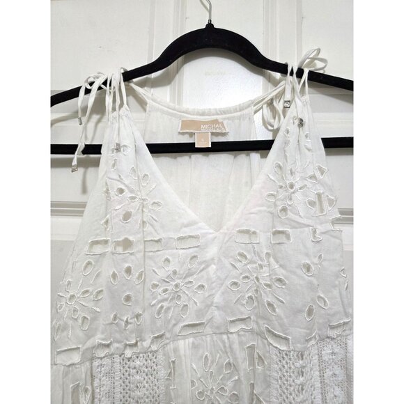 Michael Kors White Eyelet Embroidered Maxi Dress W/ Tie Straps & Ruffle Hem Size - Picture 3 of 9